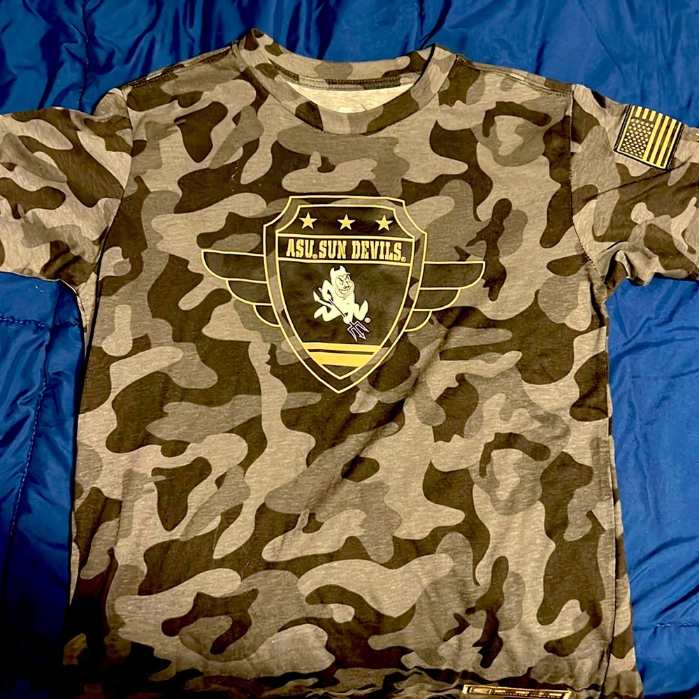 ASU Sun Devils camo t shirt with flag emblems